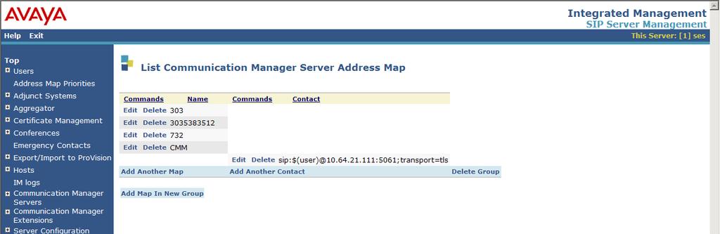 The List Communication Manager Server Address Map screen is shown below after the two mapped have been created. 5.6.