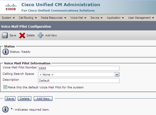 Voicemail Pilot 12. Configure a Voice Mail Pilot number in the CUCM. Add the Voice Mail Pilot number to the CUCM Routing Pattern to forward to the IC Server over the SIP Trunk.