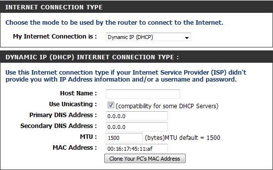 My Internet Connection: Manual Configuration Dynamic (Cable) Select Dynamic IP (DHCP) to obtain IP Address information automatically from your ISP.