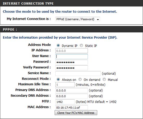 My Internet Connection: Address Mode: Select PPPoE (Username/Password) from the drop-down menu.