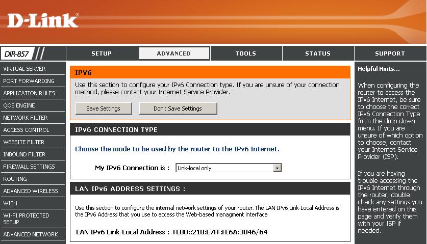 Link-Local Connectivity My IPv6 Connection: Select Link-Local Only from the