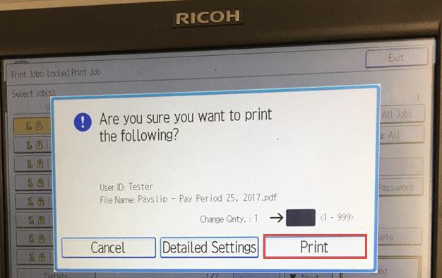 Step 4.10 On the popup screen, verify the information presented and touch the Print button when you are ready to print.