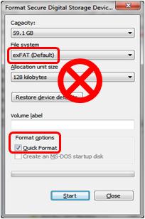 Quick format options, such as exfat and NTFS available on a PC do not properly format an SD/SDHC/SDXC and microsd/hc/xc cards to read charts.