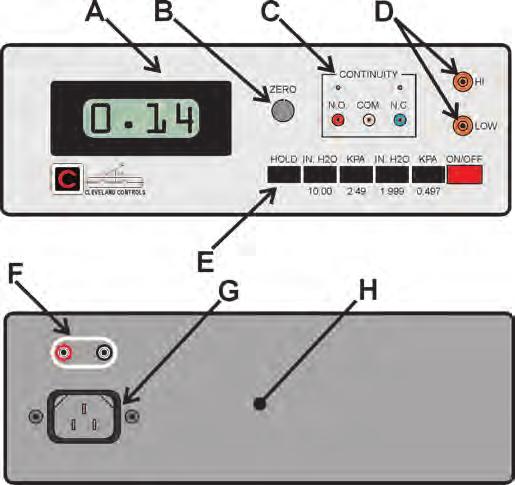 Figure 1: Model 6650 Digital Manometer A. Digital Readout: 3-½ digit liquid crystal display. B. Field calibration to null readout. C. Continuity tester to verify circuit integrity. D. Air sample ports accept ¼" ID flexible tubing.