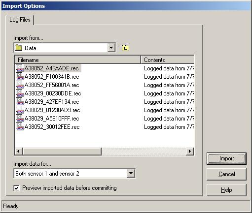 9936A LogWare III Import Options Figure 57 Import Options dialog The Import from field indicates the location (drive letter or folder) where the import files are located.