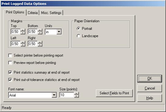 9936A LogWare III Printing Reports 9.3.1 Print Logged Data Options The Print Logged Data Options dialog allows the user to choose the data to print and determine how it should be printed.