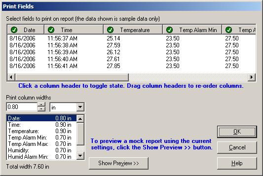 Managing Logged Data Printing Reports 9.3.2 Print Fields The Print Fields dialog is used to customize the fields to be printed on a report.