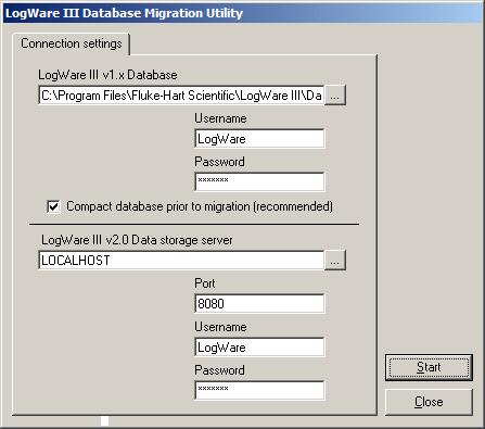 9936A LogWare III Figure 95 LogWare III Database Migration Utility To begin the migration process 1. Double-click the LWMigrate.exe file icon on the server computer.