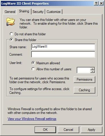 9936A LogWare III Installation Figure 1 Shared folder properties dialog - Sharing tab 5. Click the Permissions button to display the Permissions for <folder> dialog. 6.