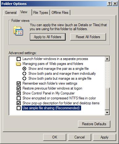 9936A LogWare III Running LogWare Figure 6 Folder Options-View Tab - Simple File Sharing This will allow all users of the computer access to LogWare s shared files. 1.