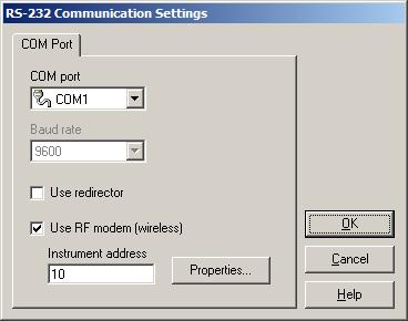 9936A LogWare III Methods of Communication Figure 11 RS-232 Communication Settings dialog - RF modem enabled The COM port field indicates which COM port on the computer the RF modem is connected to.