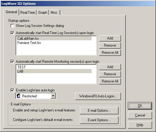 3 LogWare III Options LogWare III Options General tab The LogWare III Options dialog allows various default settings to be selected.