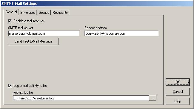 E-mail Features Setting up E-mail SMTP Server Figure 27 SMTP E-Mail Settings dialog To enable LogWare s e-mail features, select the General tab and check the Enable e- mail features checkbox.