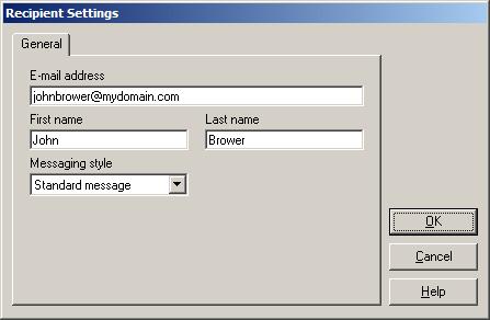 9936A LogWare III Setting up E-mail Recipients Figure 29 Recipient Settings dialog On the General tab, enter the e-mail address for the recipient in the E-mail address field.