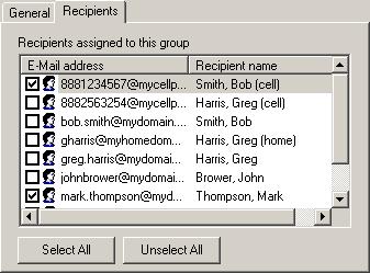 9936A LogWare III Setting up E-mail Envelopes Figure 32 Group Settings dialog - Recipients tab Select the recipients for this group by checking the checkbox next to the appropriate recipients.