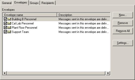 E-mail Features Setting up E-mail Envelopes Figure 33 SMTP E-mail Settings dialog - Envelopes tab To setup envelopes, select the Envelopes tab. By default, the Envelopes list is empty.