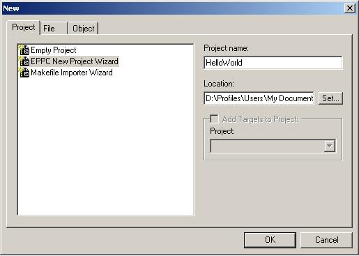 Tutorial Creating a Project Freescale Semiconductor, Inc. Figure 3.1 New Dialog Box b. Select EPPC New Project Wizard. c.