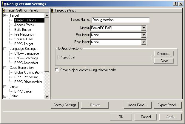 5 Target Settings Target settings define the behavior of the various development tools that a build target of a CodeWarrior project uses.