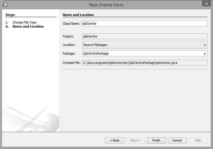 Right click the jobcentre project icon, then select New / JFrame form from the