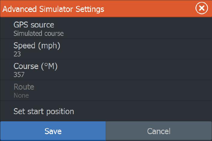 Advanced simulator settings The Advanced simulator settings allows for manually controlling the simulator. GPS source Selects where the GPS data is generated from.