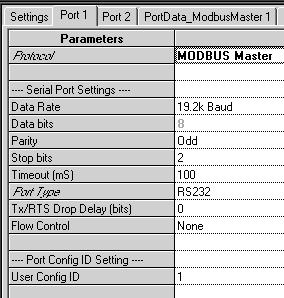 3 Configuring a Port for MODBUS Master Protocol On the port tab, set Protocol to MODBUS Master, then configure the additional port parameters as described below.