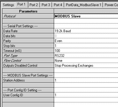 3 Configuring a Port for MODBUS Slave Protocol On the port tab, set Protocol to MODBUS Slave, then configure the additional port parameters as described below.