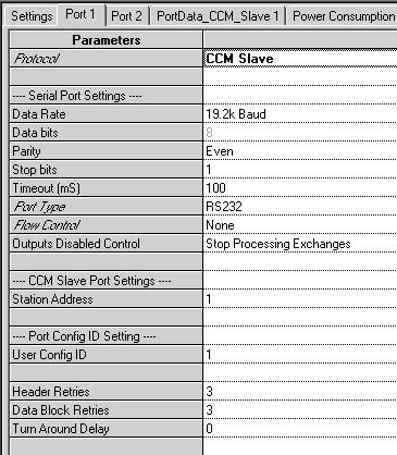 3 Configuring a Port for CCM Slave Protocol On the port tab, set Protocol to CCM Slave, then configure the additional port parameters as described below. Serial Port Settings Data Rate: Default: 19.