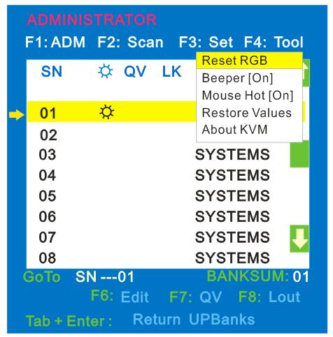 F4 Menu Overview Operating instructions 1)Press F4 or enters the F4 submenus. 2)Press moves the highlight bar to select the submenu. 3)Press Enter selects and exits Tool menu.