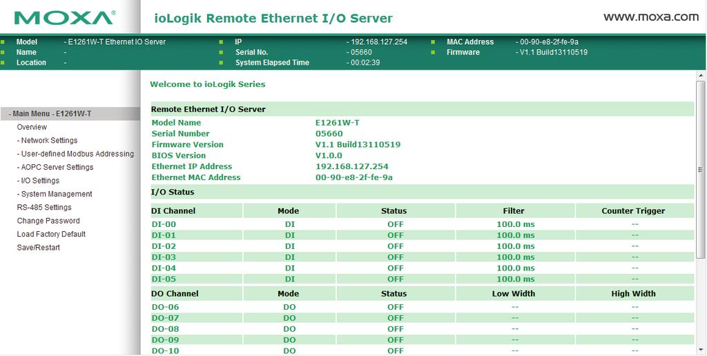 Using the Web Console Overview The Overview page contains basic information about the iologik E1261W-T, including the model name, serial number, firmware version, MAC address, and current IP address.