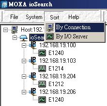 Sort The Sort menu allows the server list in the navigation panel to be sorted by iologik connection and