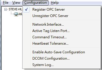 Active OPC Server Configuration Several operations can be accessed from the Configuration
