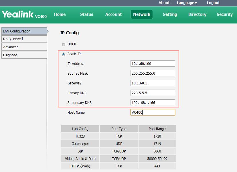 So it is recommended that you configure a static IP address for the VCS. To configure a static IP address via web the user interface: 1.