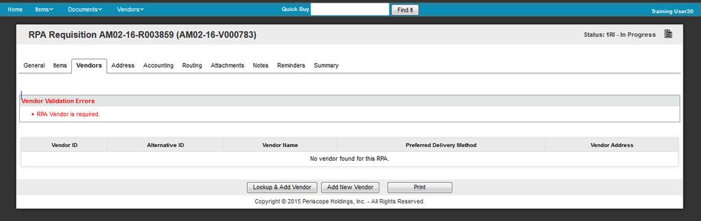 and take you back to the items tab on the RPA Go to the Vendor Tab Then select Lookup & Add Vendor to search and select a