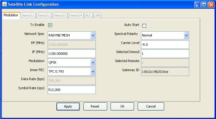 4.1 Modulator Configuration To setup the modulator, simply enable the transmitter and select the carrier and bandwidth as you would a normal SCPC modem. See Figure 4-3 for Example Settings.