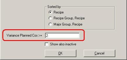 RECIPE OVERVIEW SCREEN: The Recipe Overview table will allow the user easily to detect recipes with a critical deviation between planned cost and current cost.