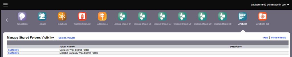 In the Manage section of the V3 Analytics Home page, users click on the Manage Folders link, navigate to the Manage Shared Folders Visibility page, and click on the Subfolders link beside the