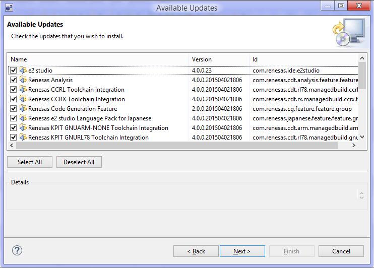 Figure 2-2 e 2 studio Available Updates panel (1/3) (2) By default, all the software components are