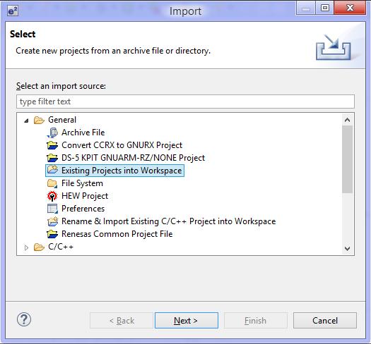3.2. Import Existing Projects Into Workspace This section explains how to import existing projects from a directory or an archive into workspaces.