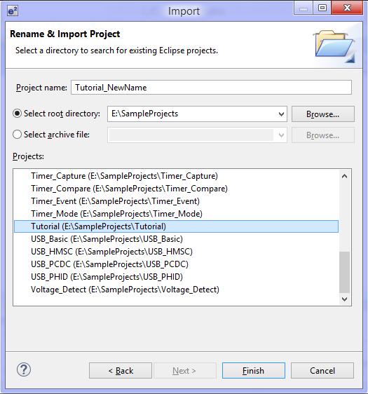 Figure 3-10 Rename & Import Project Window In e 2 studio IDE (2) Browse for a directory or an archive that stores the projects.
