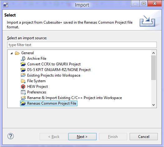 3.4. CS+ Project Import For code re-usability purpose, this section explains the CS+ import feature to migrate existing project workspace to the e 2