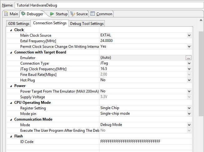 Figure 5-5 Change Connection Setting (5) Under the [Debugger] tab, go to the [Connection Settings] sub tab to configure the following based on the settings in E1 emulator and RSK RX64M board: Clock -