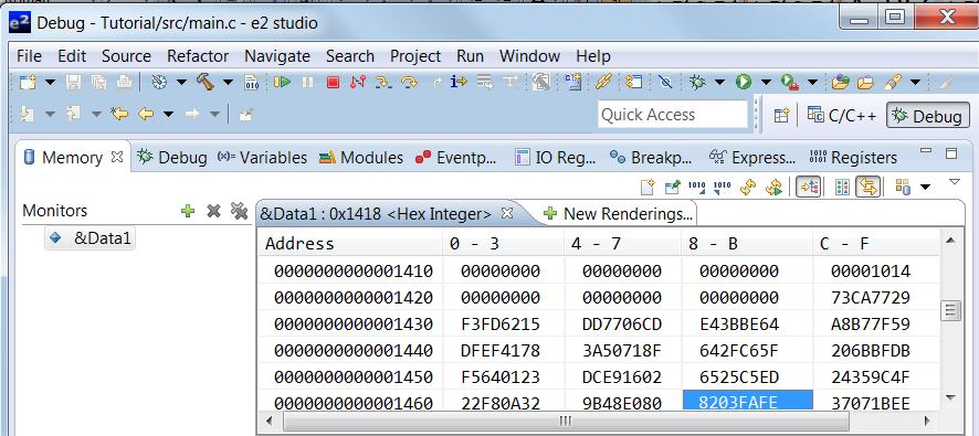 5.3.4. Memory View Memory view allows users to view and edit the memory presented in memory monitors. Each monitor represents a section of memory specified by its location called base address.