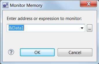The global variable data1 is presented in memory renderings of Hex Integer format. Memory Monitor for Data1 is specified by the address &Data1 To view memory of a variable (e.g. Data1 ), Figure 5-15 [Memory] View (1/2) (1) Click [Show View] [Memory] or icon to open the [Memory] view.