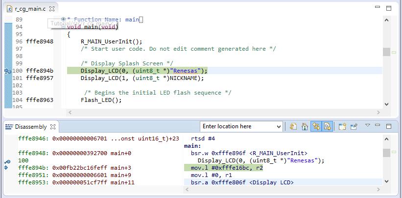 5.3.5. Disassembly View Disassembly view shows the loaded program as assembler instructions mixed with the source code for the comparison.