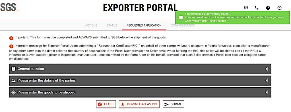 Similar to PCA-Certificate Request, the portal will bring the exporter to a form which needs