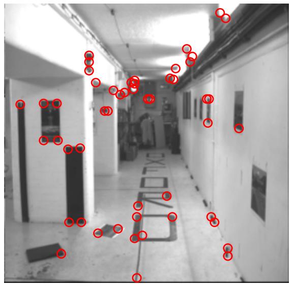 (a) Result of the corner detection problem on (b) Result of sparse optical flow algorithm on the corridor image.