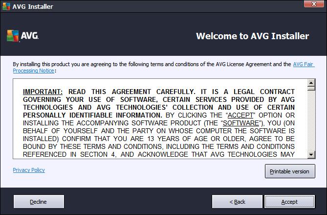3.2. License Agreement This dialog allows you to read the license conditions. Use the Printable version button to open the license text in a new window.
