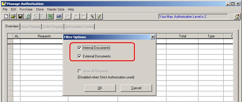 The next 2 parameters are used to define the standard document listing when opening the Authorization module: In certain scenarios it could be helpful to define which type of documents should be