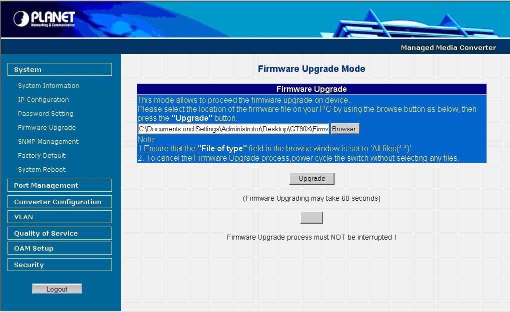 Figure 4-9 Firmware Upgrade Web page screen When firmware upgrade process is completed then the following screen appears, please click here to