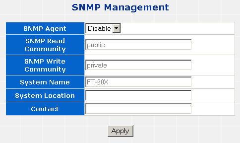 4.2.5 SNMP Management This function provides SNMP Management and SNMP Trap Receiver Configuration function of the Managed Media Converter and the screen in Figure 4-12 & 4-13 appears and Table 4-4 &